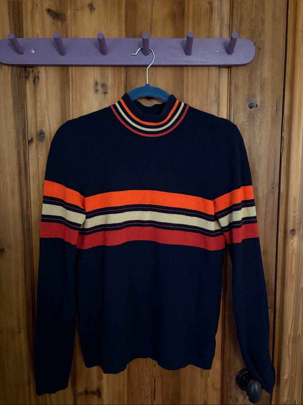 Women's Black Striped Turtleneck Sweater with Orange, Red & Cream Bands